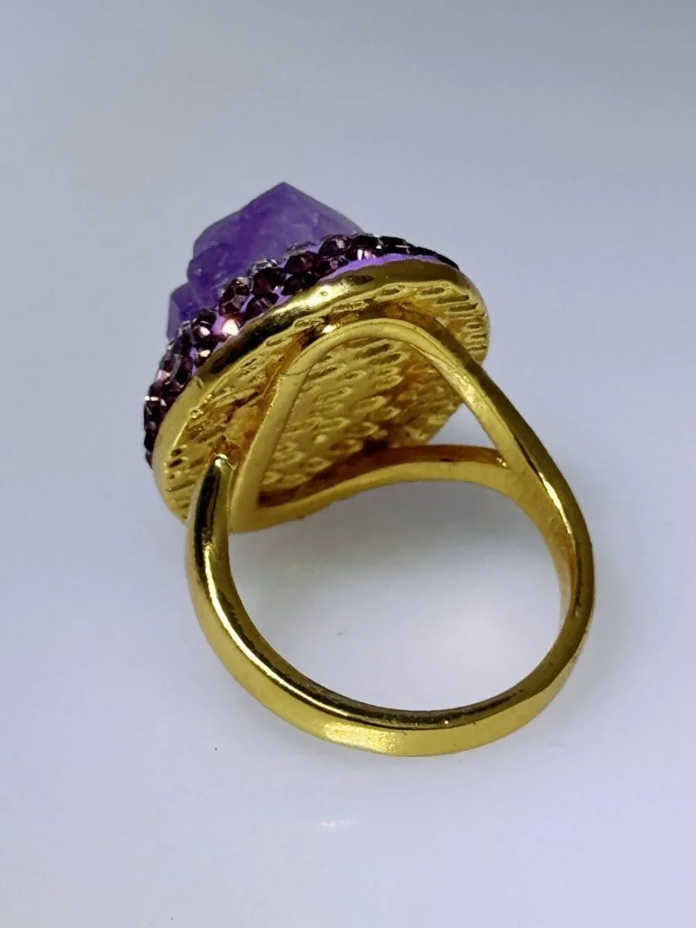 Gold plate fashion ring, NWOT, adjustable, raw Amethyst crystal center, CZs